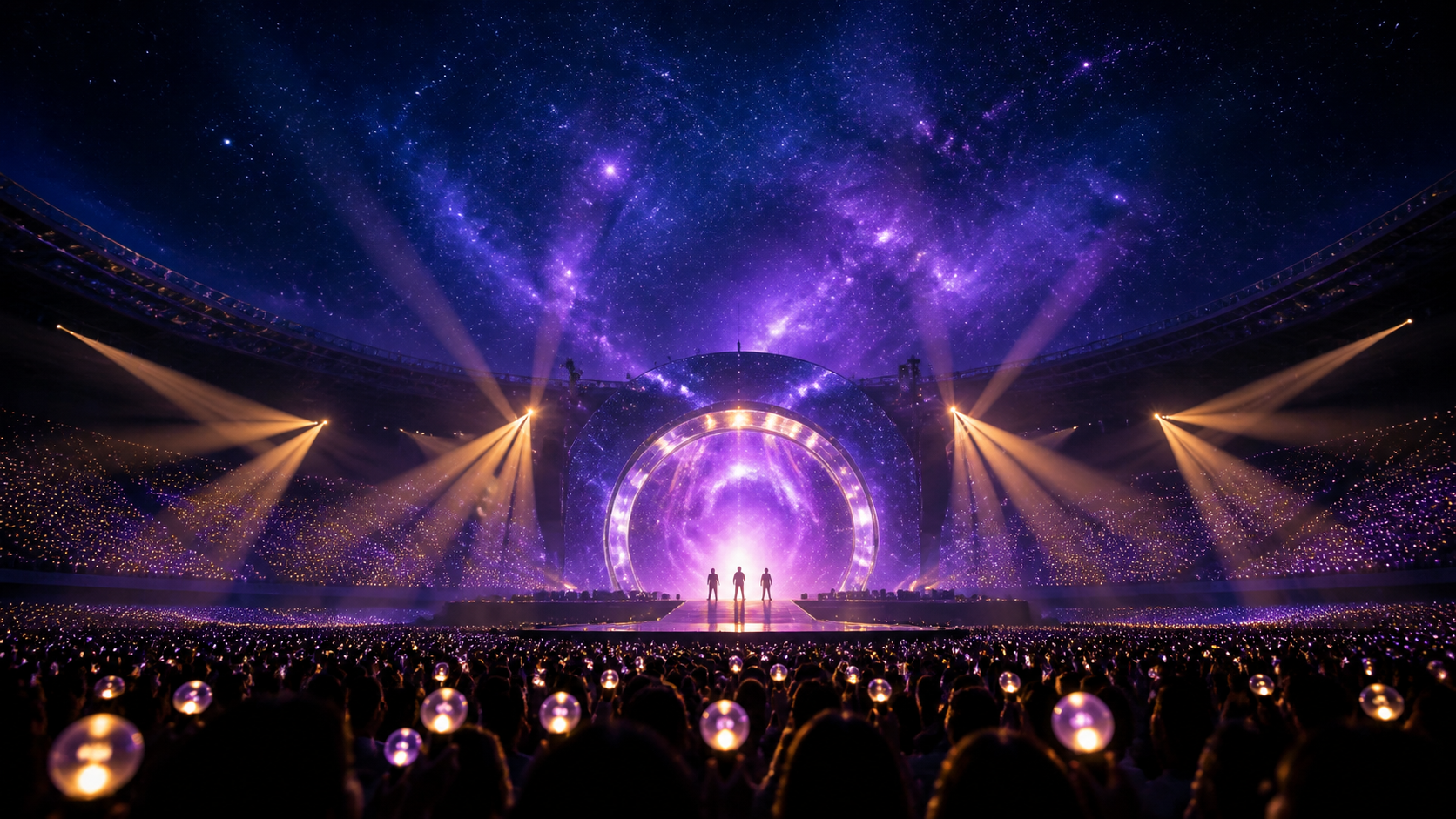 보라색 우주 조명 아래 세 명의 실루엣이 선 대형 콘서트 스타디움